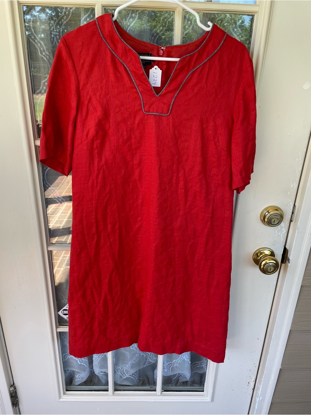 Pendleton Lora Red 100% Linen Shift Dress Gray Trim Size 12 ❤️